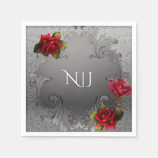 Zilverornamentaal  Fancy rood rozenhuwelijk Servetten (Voorkant)