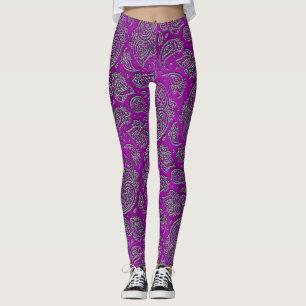 Zilverreliëf Paisley-patroon op paars glas Leggings