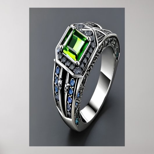 Zilverring, groene en blauwe edelsteen | AI Art. Poster (Voorkant)