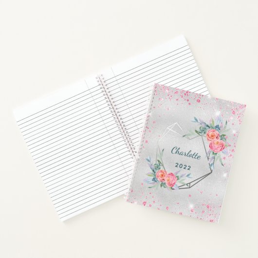 Zilverroze floralen glitter stofnaam dagboek notitieboek (Binnen)