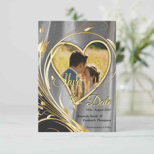 Zilversatin & goudbloem-splendor save the date (Staand voorkant)