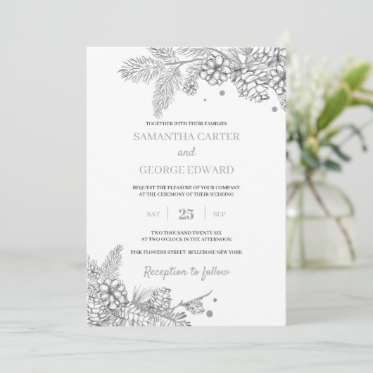 Zilverwinterdenden en connen moderne bruiloft kaart (Staand voorkant)