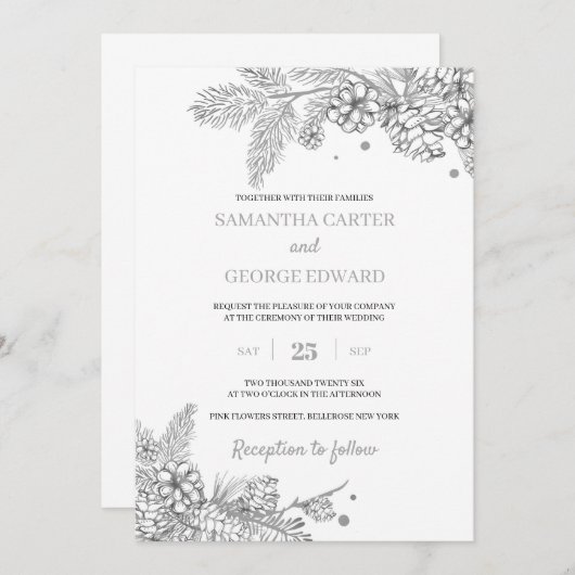 Zilverwinterdenden en connen moderne bruiloft kaart (Voorkant / Achterkant)
