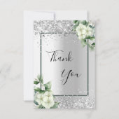 Zilverwitte florale glitter elegant glamoureus bedankkaart (Voorkant)