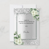 Zilverwitte florale glitter elegant glamoureus bedankkaart (Achterkant)