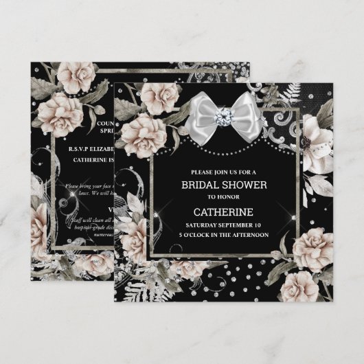 Zilverzwarte shabby roos paris chic bow kaart (Voorkant / Achterkant)