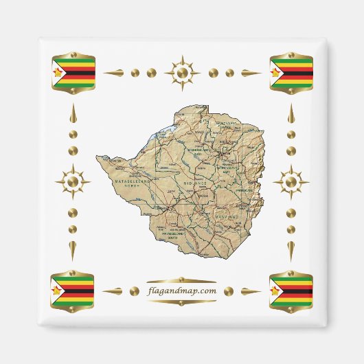 Zimbabwe Map + Flags Magnet Magneet (Voorkant)