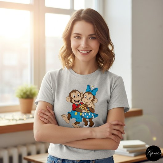 Zina and Mimo with a slice of pizza. T-shirt