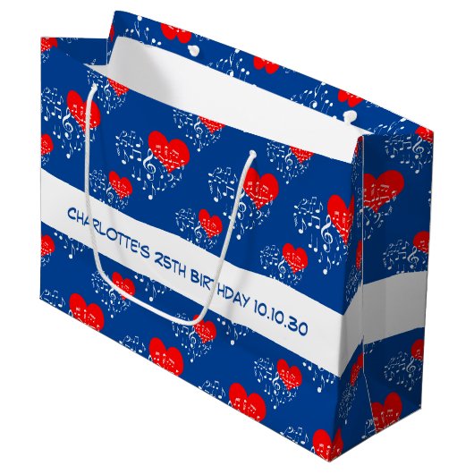 Zingend Heart Pattern. Rode harten, witte noten Groot Cadeauzakje (Voorkant Gekanteld)