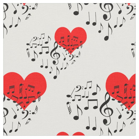 Zingend Heart Pattern. Rode harten, zwarte noten Stof (Close Up)