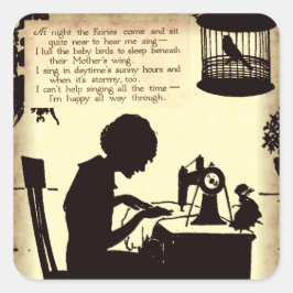Zingend naaiende dame sprookje gedicht vierkante sticker