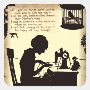 Zingend naaiende dame  sprookje gedicht vierkante sticker