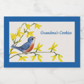 Zingend Rood en Blauw Vogel op Tak Bloemen Voedselcontainer Etiket (Enkel label)