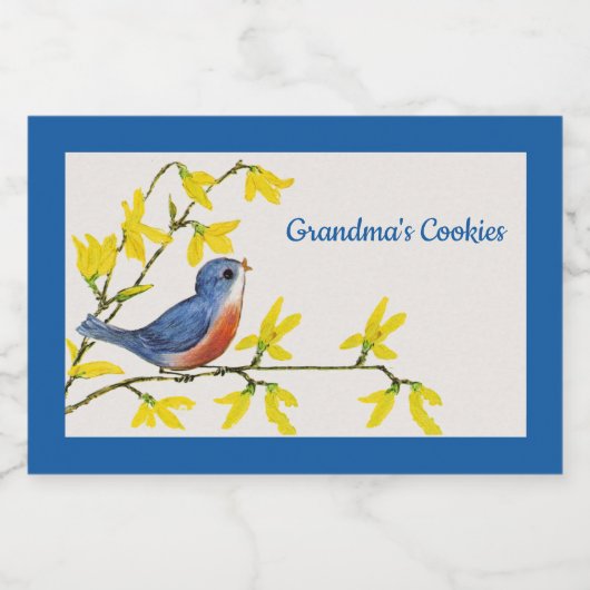 Zingend Rood en Blauw Vogel op Tak Bloemen Voedselcontainer Etiket (Enkel label)