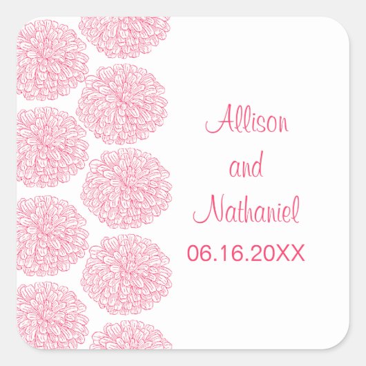 Zinnia Border Wedding Stickers, roze Vierkante Sticker (Voorkant)