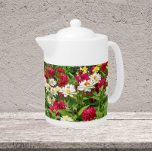 Zinnia colorée fleurit Floral<br><div class="desc">Théière en céramique blanche avec couvercle qui présente une photo enveloppante d'un jardin d'été de fleurs colorées de Zinnia,  avec des couleurs principalement rouge et blanc fleur. Un joli design floral !</div>