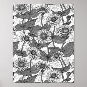 Zinnia's, monochome op wit poster