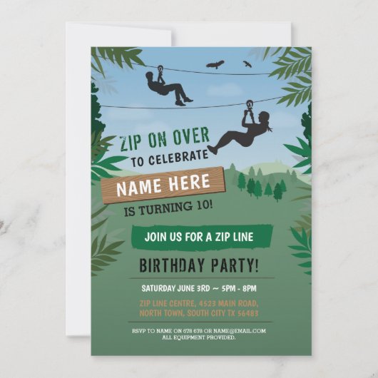Zip Line Birthday Adventure Park Invitation extéri (Devant)