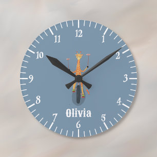 Ziraf op een eenwieler blauwe kinderkamer klok