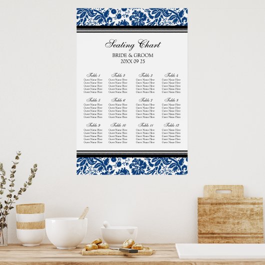 Zitplaatje 12 Tables Black Blue Damask Poster (Keuken)