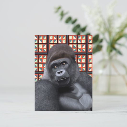 Zittend Gorilla op Rood en Blauw Geometrisch Wildl Briefkaart (Staand voorkant)