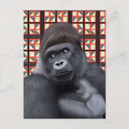 Zittend Gorilla op Rood en Blauw Geometrisch Wildl Briefkaart