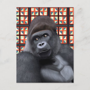 Zittend Gorilla op Rood en Blauw Geometrisch Wildl Briefkaart
