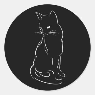 Zittend zwart kat silhouet   Handgeschetst Ronde Sticker