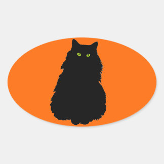Zittend Zwart Kat Silhouet op Sinaasappel Ovale Sticker