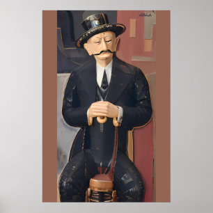 Zittende man leunend op een wandelstok poster