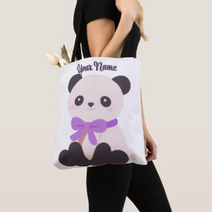 Zittende Panda Paarse Strik Schattig Kawaii Aangep Draagtas