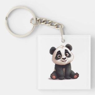 Zittende pandabeer cartoon illustratie kunstwerk sleutelhanger