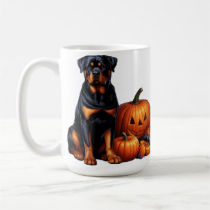 Zittende Rottweiler-hond naast Halloweenpompoenen Koffiemok
