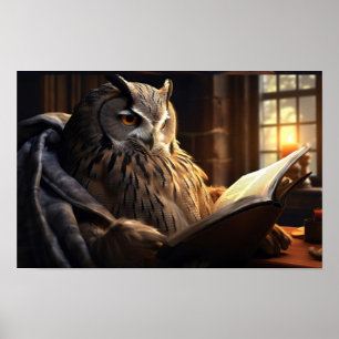 Zittende uil die een boek leest poster