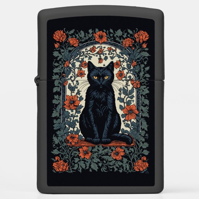 Zittende zwarte kat  bloemig (Voorkant)