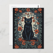 Zittende zwarte kat  bloemig briefkaart (Voorkant / Achterkant)