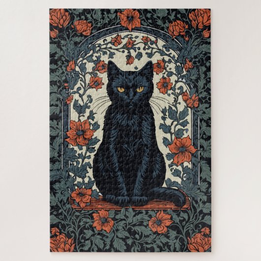 Zittende zwarte kat  bloemig legpuzzel (Verticaal)