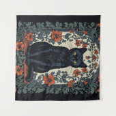 Zittende zwarte kat  bloemig wandkleed (Voorkant (horizontaal))
