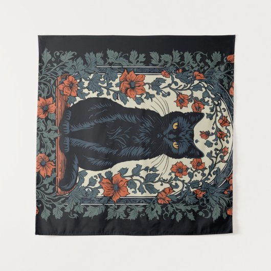Zittende zwarte kat  bloemig wandkleed (Voorkant (horizontaal))