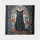 Zittende zwarte kat  bloemig wandkleed (Voorkant)