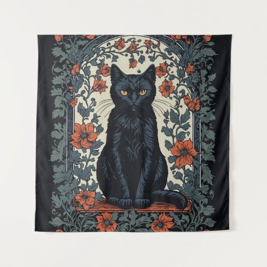 Zittende zwarte kat  bloemig wandkleed (Voorkant)