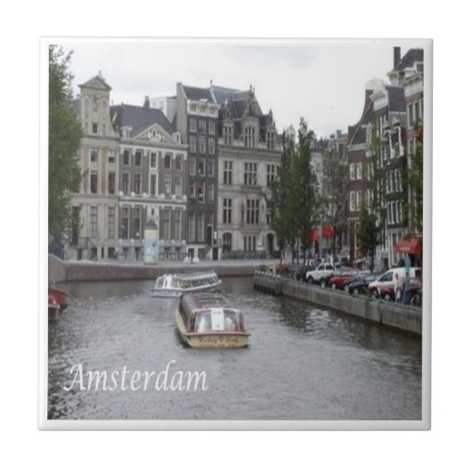 zNL025 AMSTERDAM, kanaal met boot, Tegeltje (Voorkant)