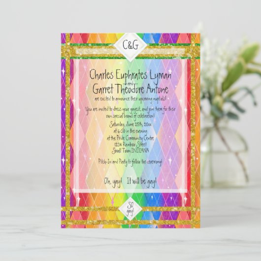 ZO homo! Regenboog Argyle, Glitter Monogram Huweli Kaart (Staand voorkant)