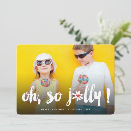 Zo Jolly. Pom Pom Brush Script Fun Moderne Photo Feestdagenkaart (Staand voorkant)