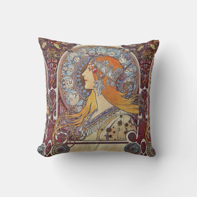 Zodiac en haar Tiara Alphonse Mucha Fine Art Kussen (Voorkant)