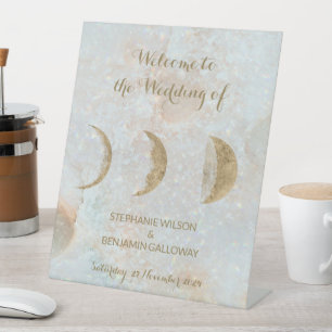 Zodiac maan hemelgoud elegante platte bruiloft reclamebord met voetstuk
