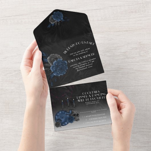 Zodiac Magic | Donkermarineblauw gotische schedel  All In One Uitnodiging (Afscheurbaar)