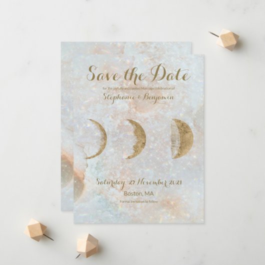 Zodiac Moon Ice Blue Celestial Gold Save the Date Aankondiging (Voorkant / Achterkant in situ)