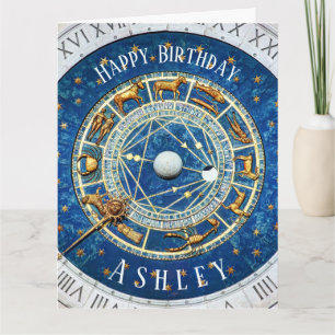 Zodiac Old World Birthday Sun Signs Blue + Name Kaart