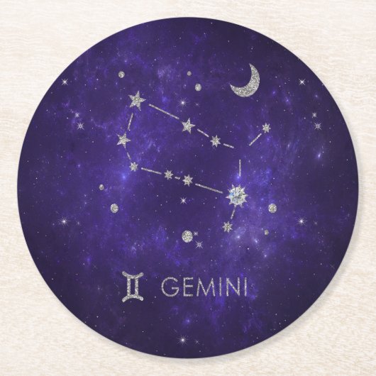Zodiac Paarse Tweelingen | Kosmische Astrologie Ho Ronde Kartonnen Onderzetter (Voorkant)